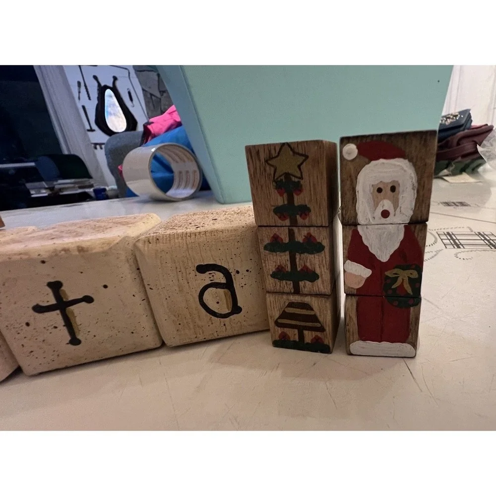 Vintage Homemade Painted Santa Blocks, Tree, Santa,  Snowman